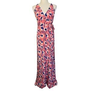 Yumi Kim Silk Wrap Maxi Dress Women’s L Pink Blue Floral V Neck